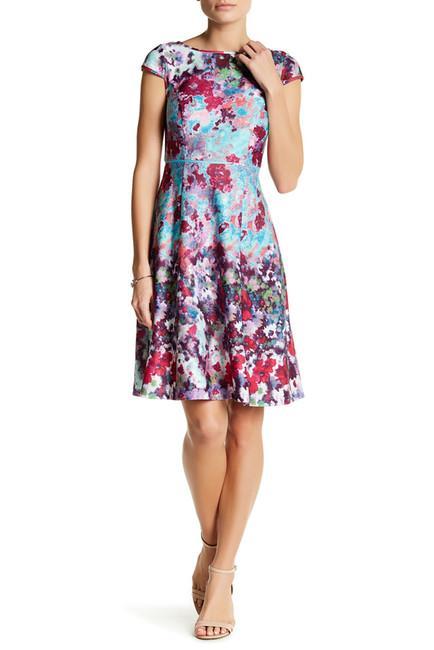 Adrianna Papell - AP1D101023 Floral Print Scuba A-line Dress in Blue and Multi-Color