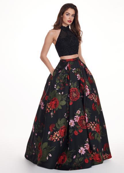 Rachel Allan - 6504 Two Piece Floral High Halter Dress In Black and Multi-Color