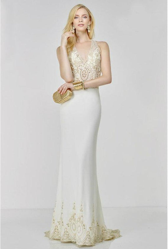 Alyce Paris - 6506 V-Neck Embellished Long Dress in White and Gold