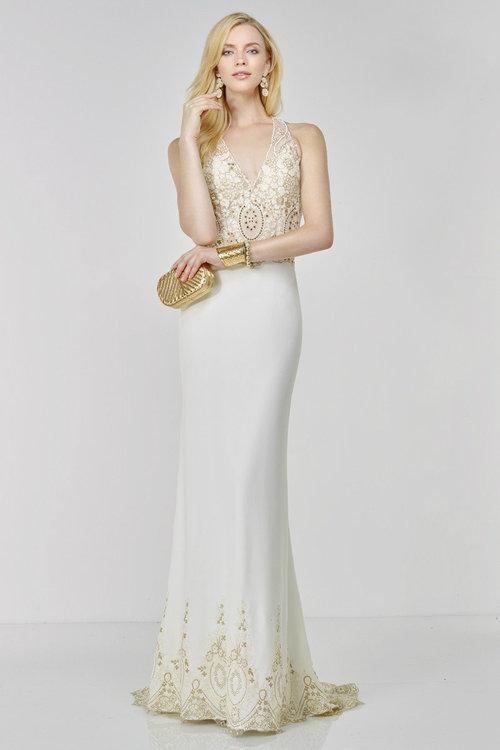 Alyce Paris - 6506 Halter Neck Embellished Sheath Gown In White and Gold