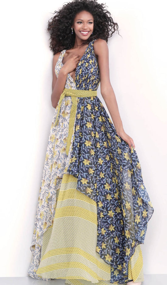Jovani - 65077 Plunging V-Neck Floral Print A-Line Gown in Yellow