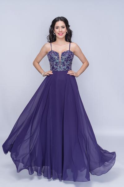 Nina Canacci - 6509 Scroll Beaded Plunging Sweetheart Chiffon Gown In Purple