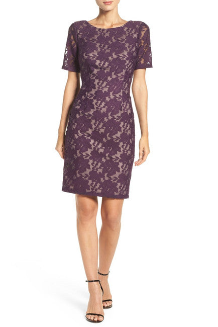Adrianna Papell - AP1D100772 Lace Bateau Sheath Dress in Purple and Neutral
