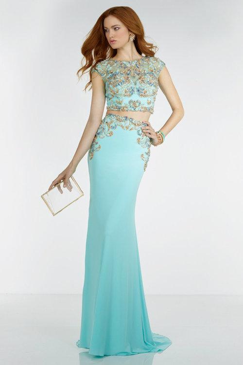 Alyce Paris - 6512 Cap Sleeve Two-Piece Beaded Sheath Gown In Blue and Multi-Color