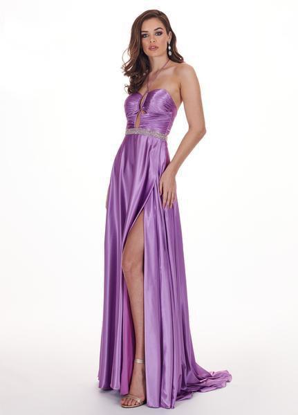 Rachel Allan - 6521 Shirred Double Cutout High Slit Gown In Purple