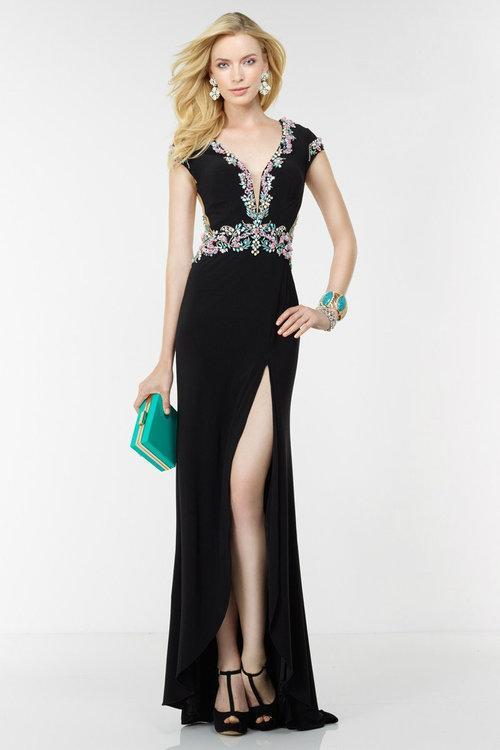 Alyce Paris - 6522 Bejeweled Deep V-neck Sheath Gown In Black and Multi-Color