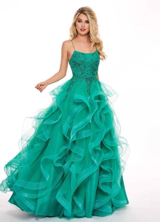Rachel Allan - 6526 Embroidered Scoop Neck Ruffled Tulle Ballgown in Green