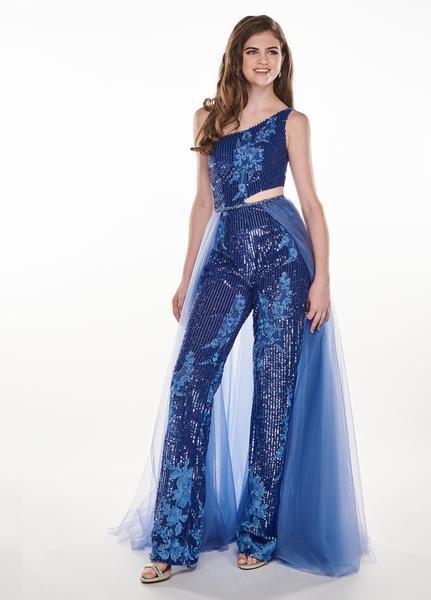Rachel Allan - 6527 Asymmetrical Jumpsuit with Overlay In Blue