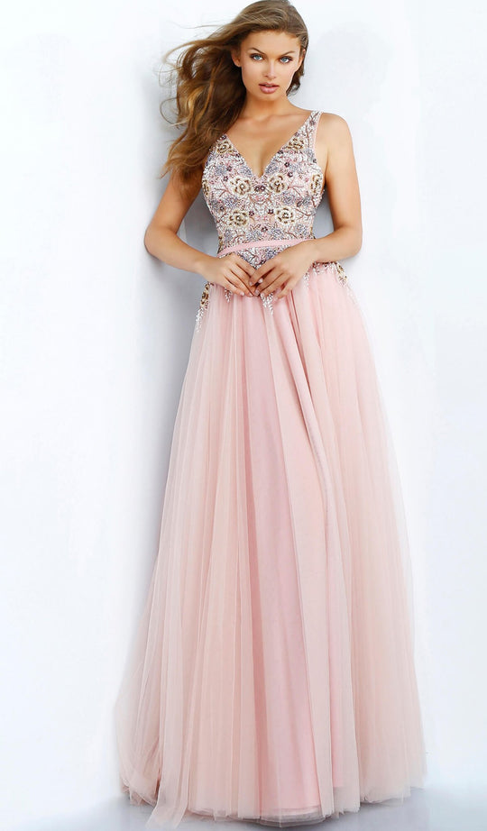 Jovani - 65323 Embellished Plunging V-neck A-line Gown In Pink