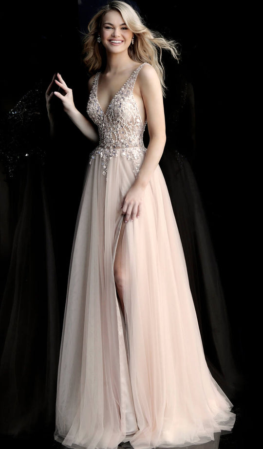 Jovani - 65324 Beaded Floral Illusion Bodice Long Gown in Nude