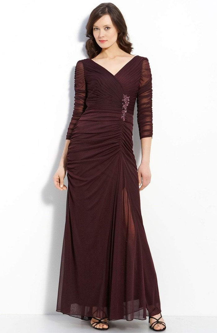Adrianna Papell - 81859400 Jewel Accented Surplice V-Neck Drape Gown in Brown