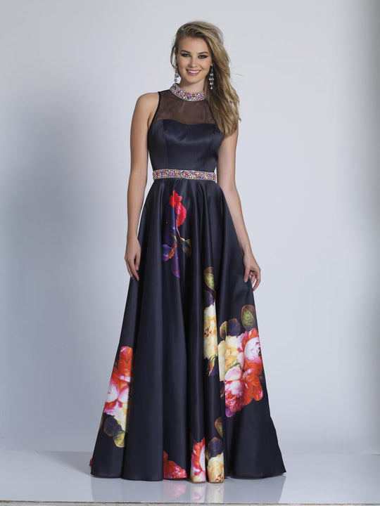 Dave & Johnny - A6540 Embellished High Neck A-line Gown in Black and Print