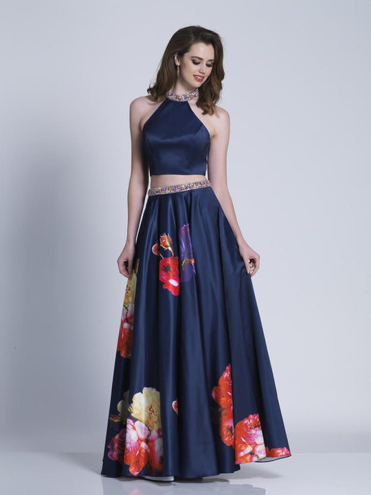 Dave & Johnny - A6541 Two-Piece High Halter Neck A-line Gown in Black and Print