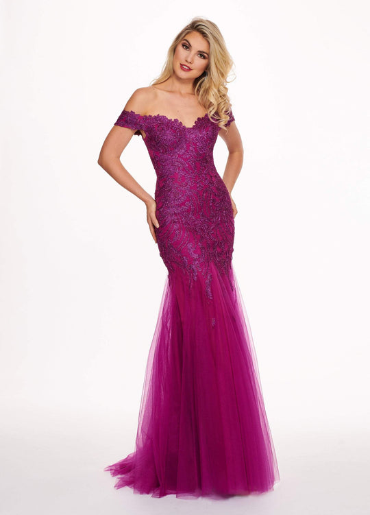 Rachel Allan - 6545 Lace Appliqued Off Shoulder Tulle Mermaid Gown In Purple and Red