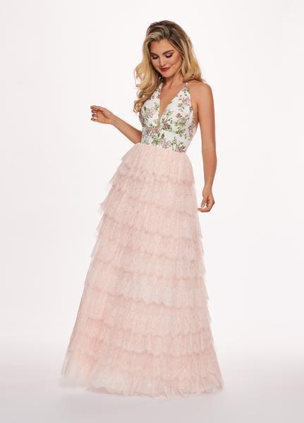 Rachel Allan - 6555 Beaded Floral Plunging Halter Dress In Pink