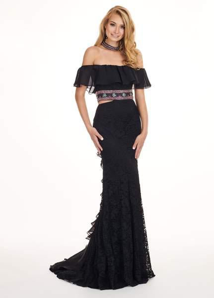Rachel Allan - 6563 Off Shoulder Floral Crystal Cutout Lace Gown In Black