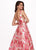 Rachel Allan - 6564 Plunging V-Neck Printed Brocade Gown In Pink
