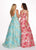 Rachel Allan - 6564 Plunging V-Neck Printed Brocade Gown In Blue and Pink