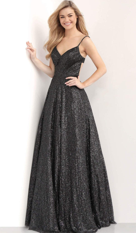 Jovani - 65672 V-Neck A-Line Evening Gown in Black