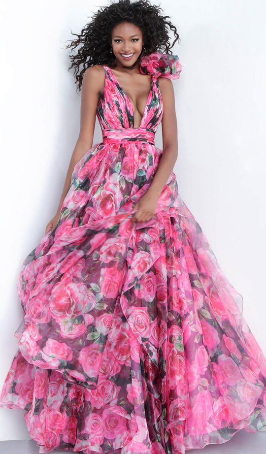 Jovani - 65674 Plunging V-Neck Floral Ballgown in Pink