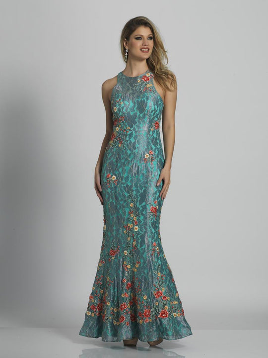 Dave & Johnny - A6567 Ornate Floral Applique Mermaid Gown in Blue and Green