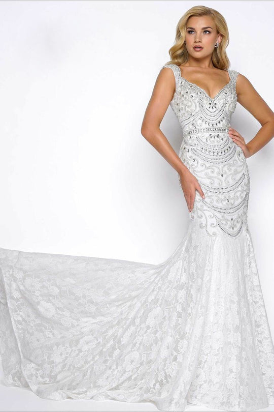 Mac Duggal - Crystal Draped Lace Mermaid Gown in White