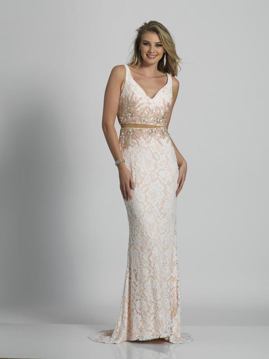 Dave & Johnny - A6569 V-Neck Lace Sheath Gown in White and Pink