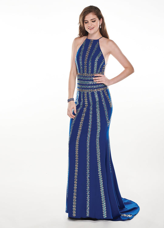 Rachel Allan - 6575 Beaded Halter Jersey Trumpet Dress In Blue