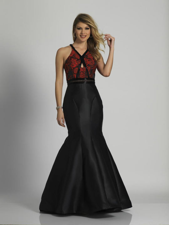 Dave & Johnny - A6575 Floral Print Haltered Mermaid Gown in Black