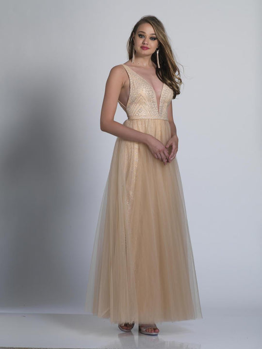 Dave & Johnny - A6576 Embellished Deep V-Neck A-line Gown in Neutral