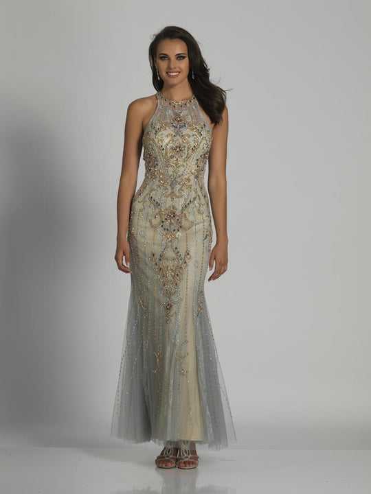 Dave & Johnny - A6577 Bejeweled Haltered Evening Gown in Silver