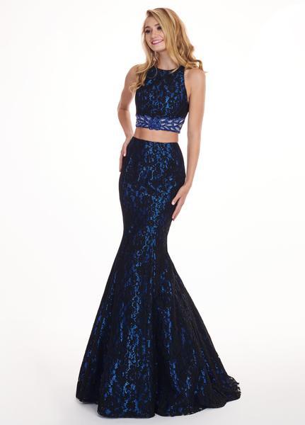 Rachel Allan - 6578 Two-Piece Floral Beaded Lace Mermaid Gown In Black and Blue