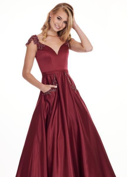 Rachel Allan - 6579 Beaded Accent Matte Satin A-Line Prom Gown In Red