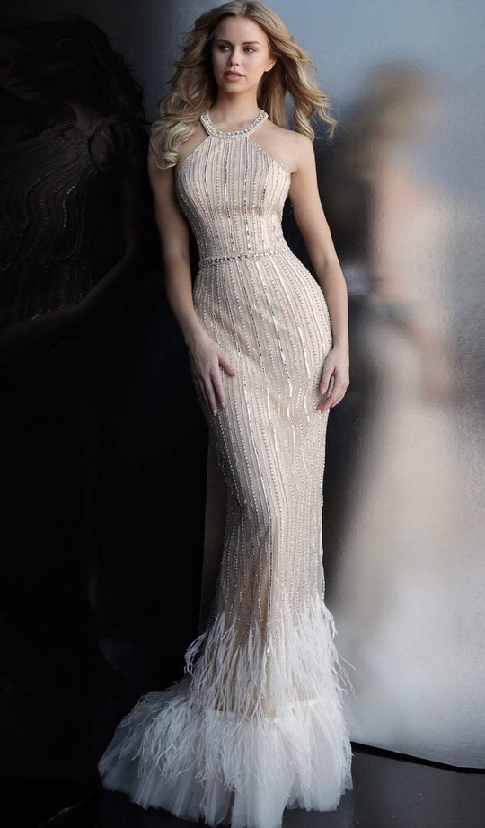 Jovani - 65861 Bead Embellished Halter Sheath Gown in Nude