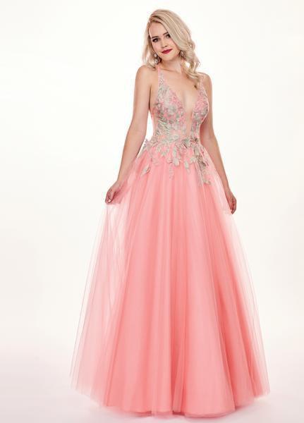 Rachel Allan - 6587 Plunging V-Neck Floral Embroidered Gown In Pink