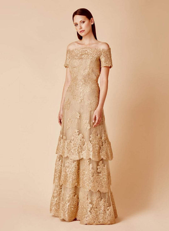 Daymor Couture - 658 Embellished Layered Sheath Dress in Neutral and Gold