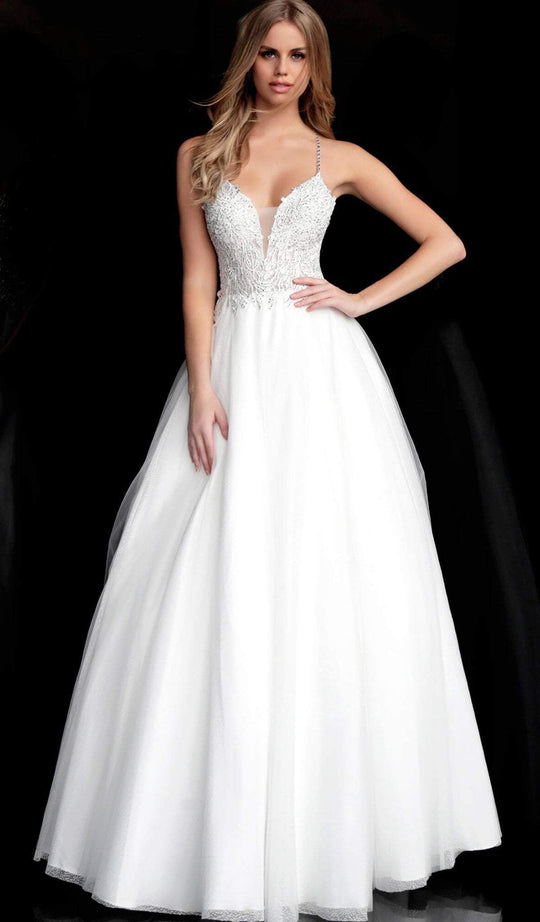 Jovani - 65911 Embroidered Deep V-neck Ballgown With Open Back In White