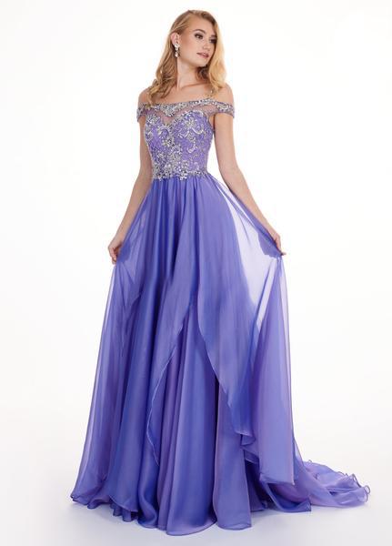 Rachel Allan - 6591 Crystal Ornate Illusion Off Shoulder Cascade Gown In Purple