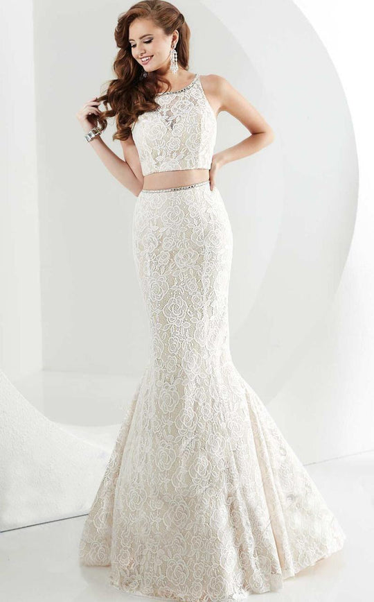 Tiffany Homecoming - Beaded Two-Piece Lace Mermaid Evening Gown In White and Neutral