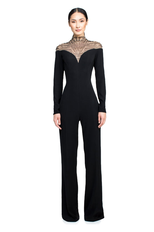 Tadashi Shoji - Long Sleeve Tattoo Motif Illusion Jumpsuit In Black and Neutral