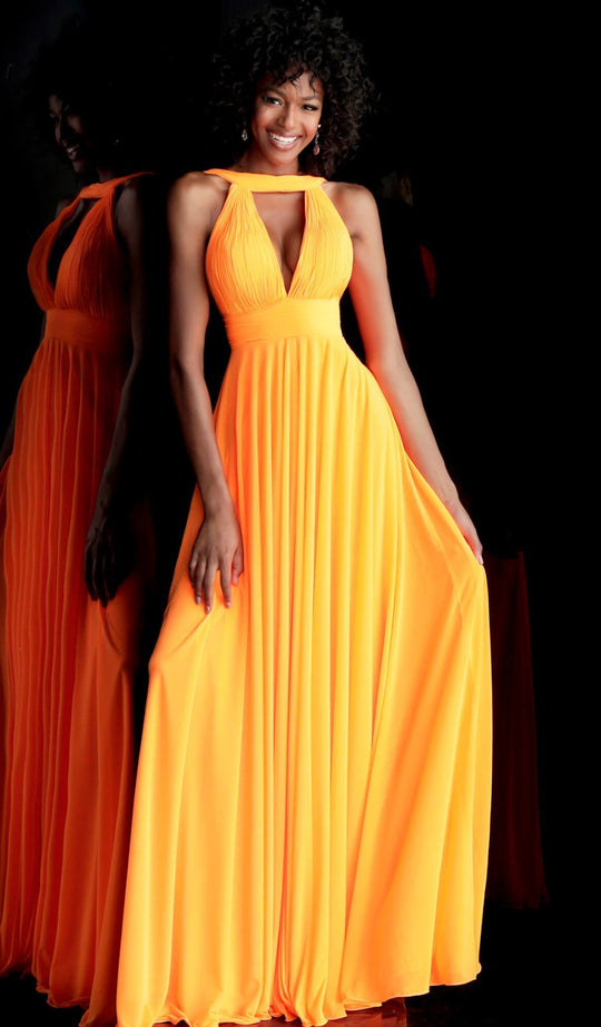 Jovani - 66045 Sleeveless Deep V-neck Ruched A-line Dress in Orange