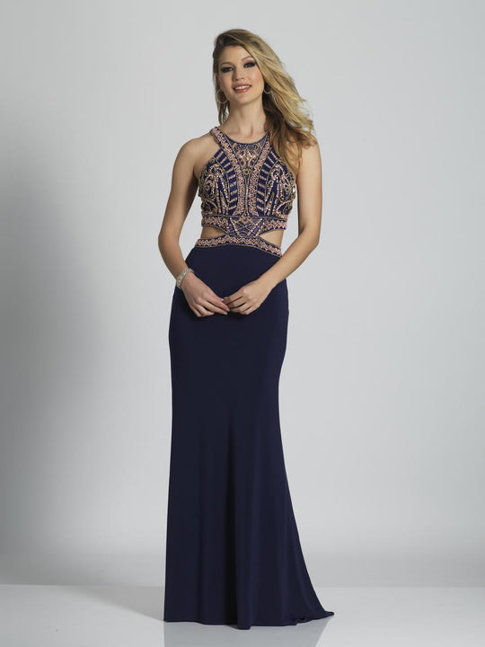 Dave & Johnny - A6604 Beaded Halter Neck Fitted Gown in Blue