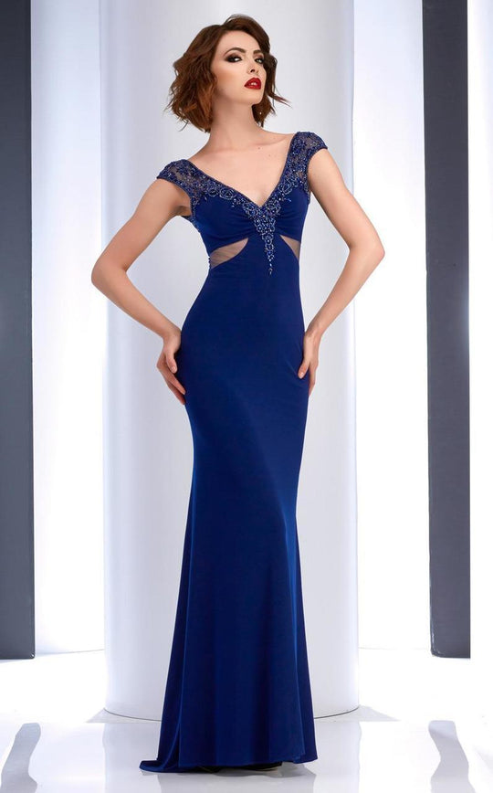 Clarisse - 2728 Beaded Deep V-neck Sheath Dress in Blue