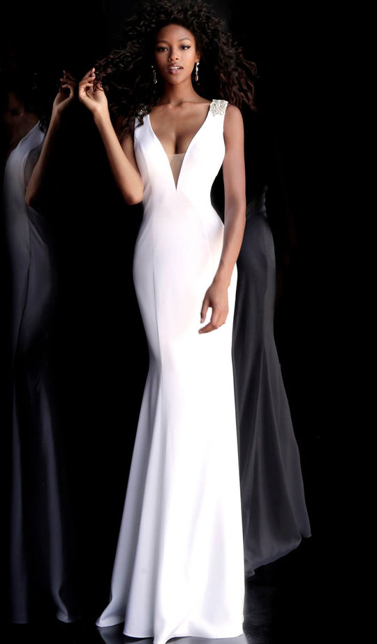 Jovani - 66089 Embellished Deep V-neck Trumpet Dress With Train In White