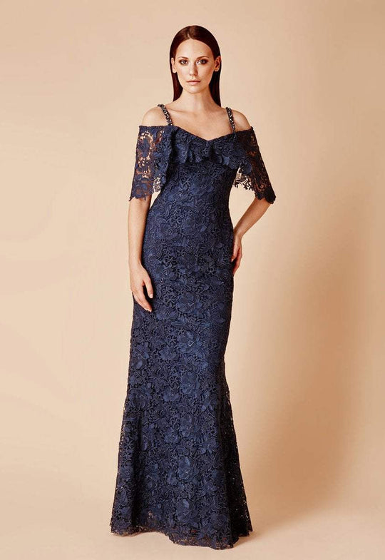 Daymor Couture - 660 Lace V-neck Long Fitted Dress in Blue