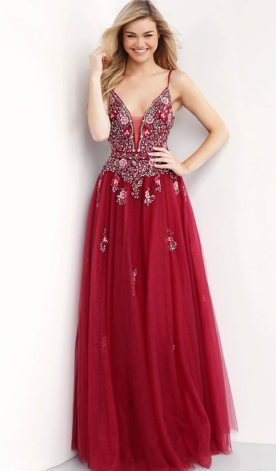 Jovani - 66121 Floral Embellished Deep V-neck Ballgown In Red