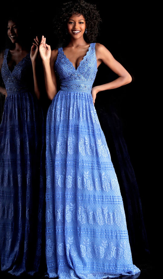 Jovani - 66128 Lace V-Neck A-Line Evening Dress in Blue