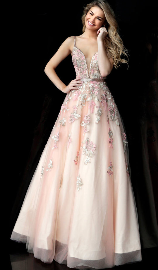 Jovani - 66133 Floral Appliqued Plunging A-Line Evening Gown in Nude