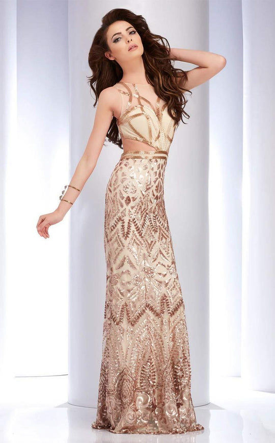 Clarisse - 2849 Shimmering  Sequins Cutout Detail Gown in Brown