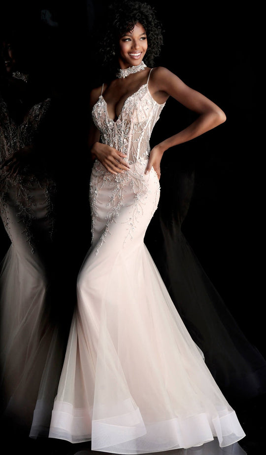 Jovani - 66151 Floral Applique Deep V-neck Mermaid Dress in Pink